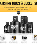 Four Piece Impact Socket Adapters And Reducers Set For One Quarter Three Eighths And One Half Inch Drives Built Tough With CR MO Steel Heavy Duty Converter Kit For Impact Wrenches And Drills image showing four adapters with socket set and tools.