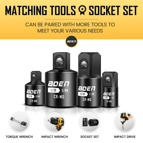 Four Piece Impact Socket Adapters And Reducers Set For One Quarter Three Eighths And One Half Inch Drives Built Tough With CR MO Steel Heavy Duty Converter Kit For Impact Wrenches And Drills image showing four adapters with socket set and tools.
