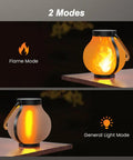 Gen 2 Solar Lanterns For Outdoors With Dual USB And Solar Charging showing flame and light modes on a table.