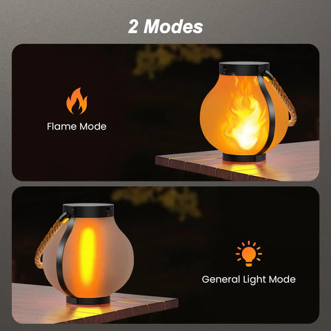 Gen 2 Solar Lanterns For Outdoors With Dual USB And Solar Charging showing flame and light modes on a table.