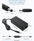 36V 4A 144W Power Supply Adapter with 5.5mm x 2.5mm plug, dimensions shown, for LED lights, printers, laser engravers.