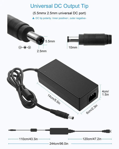 36V 4A 144W Power Supply Adapter with 5.5mm x 2.5mm plug, dimensions shown, for LED lights, printers, laser engravers.