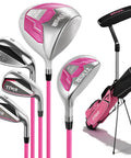 Left Handed Women Golf Clubs Set 7 Piece Complete Deluxe Kit With Driver Hybrid Irons Sand Wedge Putter Stand Bag Pink For Beginners Gift For Her Great Gift For Newbie Women Looking To Boost Confidence On The Course showing clubs and pink bag.