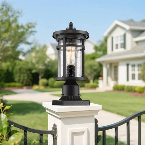 Outdoor Post Light For Garden And Pathway Vintage Exterior Pillar Lamp on white pedestal with warm glow