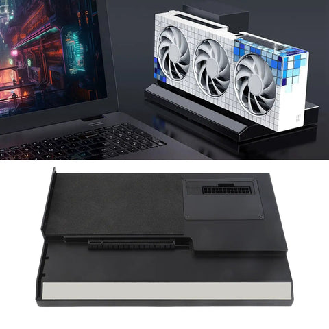 USB4.0 External GPU Dock Station With 40 Gbps Throughput And RJ45 Ethernet Port For Laptops NUCs And Consoles showing the docking station behind a laptop.