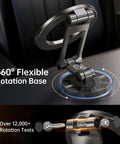 All Metal MagSafe Car Mount for Dashboard and Tesla Screen showing 360 degree rotating base with flexible axis arm