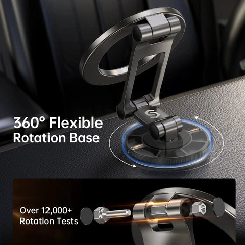 All Metal MagSafe Car Mount for Dashboard and Tesla Screen showing 360 degree rotating base with flexible axis arm