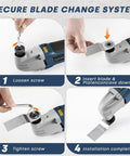 Secure blade change system steps for Heavy Duty Corded Oscillating Multi Tool With Universal Fit Base And 200W 1.6A Motor.