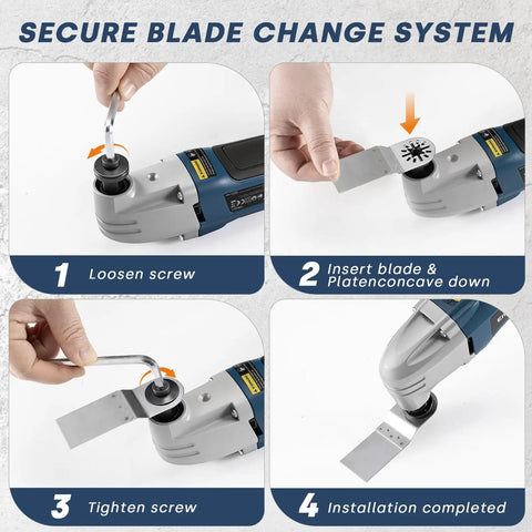 Secure blade change system steps for Heavy Duty Corded Oscillating Multi Tool With Universal Fit Base And 200W 1.6A Motor.