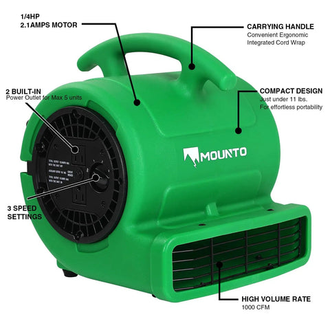Green One Quarter HP Air Mover with 1000 CFM two speeds, copper motor, roto mold housing, ideal for drying carpets, floors.