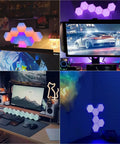 Room setups with Dope Hexagon LED Wall Lights Kit With Remote And Touch Control, glowing in various colors, wall-mounted in 12 Pack.