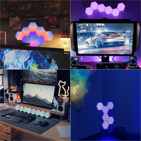 Room setups with Dope Hexagon LED Wall Lights Kit With Remote And Touch Control, glowing in various colors, wall-mounted in 12 Pack.