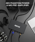 2x2 USB Audio Interface For Recording Music, 24 Bit 192 KHz, No Fuss Plug And Play For PC And Mac on desk with guitar and laptop