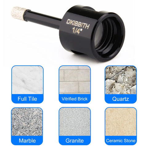 1/4 inch diamond core drill bit for porcelain tile and concrete, compatible with various materials, part of 7 Pack Diamond Core Drill Bits