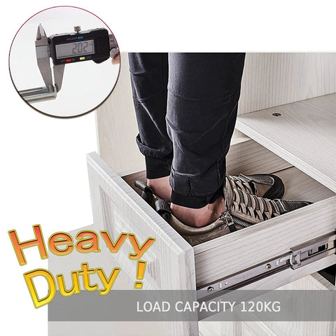 Person standing inside open drawer demonstrating Soft Close Drawer Slides 30 Inch Heavy Duty Self Closing Cabinet Drawer Runners.