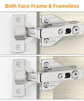 10 Pack Full Overlay Soft Close Concealed Hinges With Clip On Plate For Face Frame Cabinets showing installation for both face frame and frameless designs.
