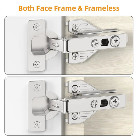 10 Pack Full Overlay Soft Close Concealed Hinges With Clip On Plate For Face Frame Cabinets showing installation for both face frame and frameless designs.