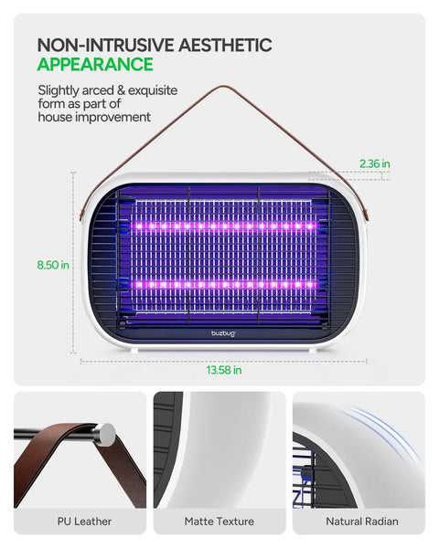 LED Bug Zapper Indoor Dual Band Attraction Mosquito Killer showing front view with dimensions and design details.