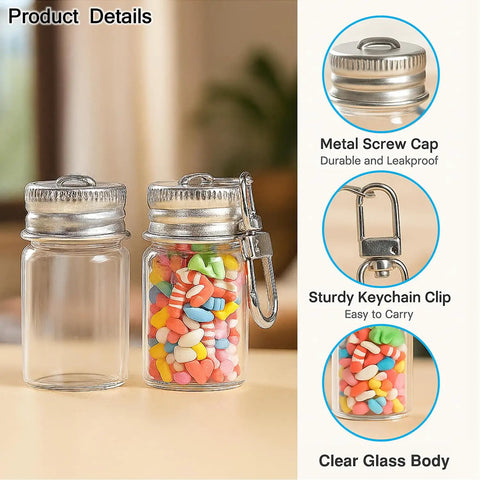 Top Tier 12 Pack 7 ml Mini Glass Bottle Keychains Featuring Secure Screw Lids And Heavy Duty Metal Rings Ready To Roll With You Anywhere Sweet For Oils Perfumes And Craft Projects Or Party Favors, with colorful candy in one bottle.