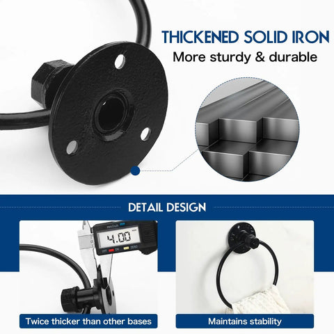Rad Industrial Pipe Towel Ring Wall Mounted For Bathroom Rustic Black Iron Hand Towel Holder Durable Wall Mount Rack For Towels Easy Install Waterproof Rustproof Six Inch Ring Fits Most Towels