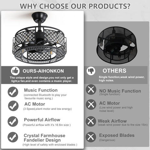 Comparison of crystal ceiling fan with lights and Bluetooth speaker eighteen point eight inches dope enclosed bladeless fandelier.