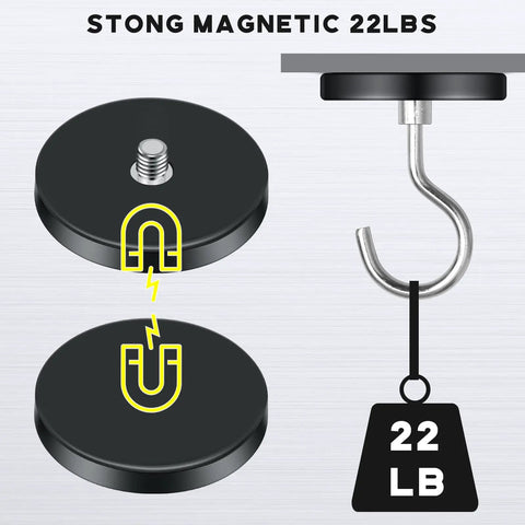 Heavy Duty Neodymium Round Magnets Featuring An Insanely Strong Rubber Coated Base And Quarter Inch Twenty Threaded Stud For Rock Solid Action Camera And Led Light Mounting In A 24 Piece Pack with a 22 lbs hook weight.