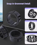 Plastic Snap In Bushing Set, 20 Pcs, 1.125 Inch Mounting Diameter, Fits 27.5 To 28.5 Millimeter Holes, Nylon Knockout Bushings, Inner 0.96 Inch, Outer 1.23 Inch, Black, Durable Quick Install For Panels And Electrical Enclosures detail view