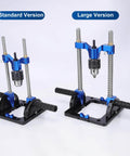 All Metal Adjustable Drill Guide With Multi Angle Capability From Zero To Sixty Degrees For Straight Holes, Drill Press Adapter For Hand Drills, Includes One Half Inch Chuck, Key, Guide Rod, Precision Drilling Jig In Durable Blue shown in standard and large versions