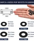 Nine Hundred Seventy Piece Assorted Pop Rivets With Washers Kit Includes detailed view of 330 washers in four sizes for various applications.