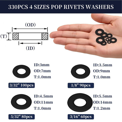 Nine Hundred Seventy Piece Assorted Pop Rivets With Washers Kit Includes detailed view of 330 washers in four sizes for various applications.