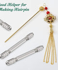 4 Piece Double Ended Pin Vise Set For DIY Jewelry Making, Small Hand Drill Pin Vise With Copper Collets, Wire Twisting Tools For Resin Projects, Hairpins, Keychains, Bracelets, Necklaces displayed alongside a decorative hairpin