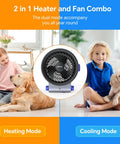 All Season 2-In-1 Desk Fan And Heater With Turbo Air Flow Portable Space Heater shown in heating and cooling modes with children and pets.