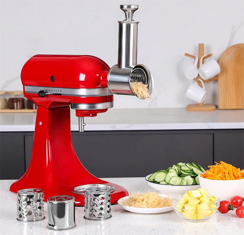 Stainless Steel Slicer Shredder Attachment for KitchenAid Mixers Cheese Grater and Food Slicer Accessory on red mixer