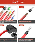 Steps to use the All In One Wire Ferrules And Terminals Kit With Insulated Sleeves, 260 Pcs, showing wire stripping, inserting, crimping.
