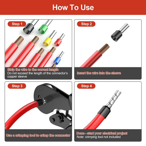 Steps to use the All In One Wire Ferrules And Terminals Kit With Insulated Sleeves, 260 Pcs, showing wire stripping, inserting, crimping.