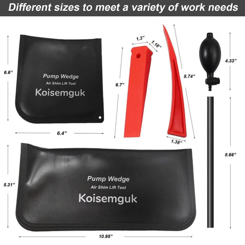 Heavy Duty Air Wedge Bag Set With Pump Leveling Kit And Alignment Tool Inflatable Shim Bags For Auto Repair And DIY Projects Includes Two Plastic Wedges 4 Pack, showing two black inflatable shim bags and two red plastic wedges.