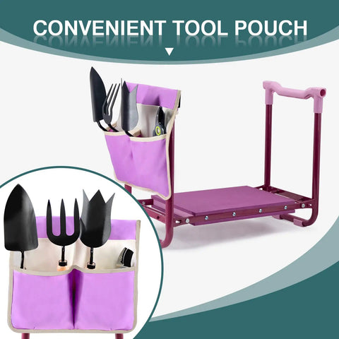 Fold Away Garden Kneeler And Seat With Tool Pouch 2 In 1 Stool showing tool storage pockets and purple kneeler pad