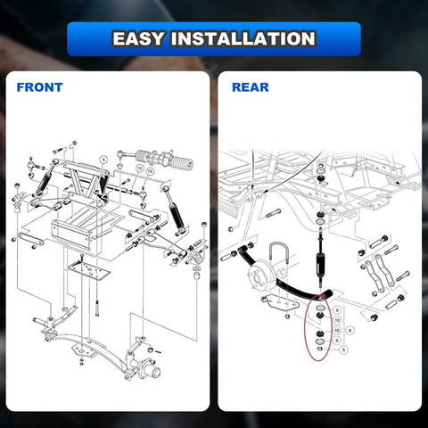 Installation diagram for Club Car Front And Rear Golf Cart Shock Absorbers Replacements For DS G And E 1988-2007 and Precedent 2004+