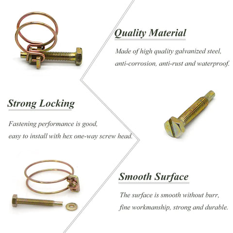 65 Piece Adjustable Steel Double Wire Hose Clamp Set With Screws And Bolts, showcasing quality material, strong locking, smooth surface.