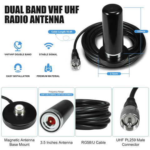 3 Inch Dual Band Ham Radio Antenna For Mobile VHF UHF 136 174 MHz 400 470 MHz With NMO Magnetic Base Mount Two Point Five dBi Gain