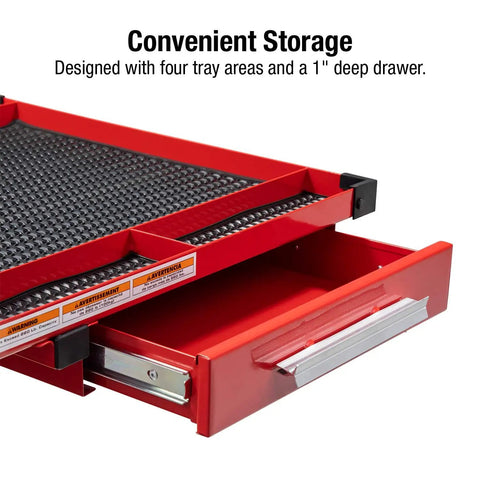 Heavy Duty Adjustable Work Table With Red Drawer And Steel Frame 29x20 Inch Top 1 Inch Drawer Rubber Mat For Secure Tool Storage And Ergonomic Height Adjustment Up To 220 Lbs, close-up of red drawer open showing internal storage space and rubber mat surface