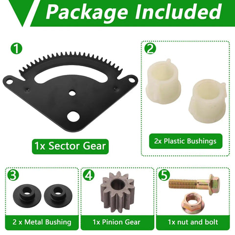 Beefed Up 25 Tooth Steering Sector Pinion Gear Rebuild Kit for John Deere L105 L130 steel gear, bushings, nut, and bolt