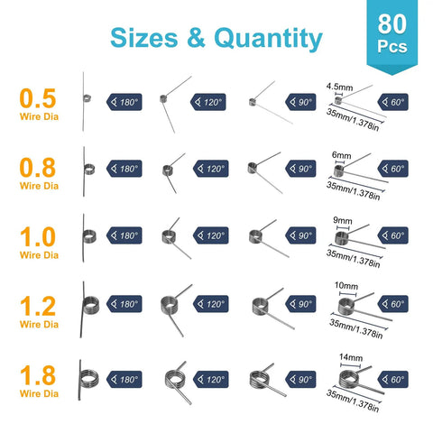 80 Piece Torsion Spring Assortment Kit Featuring 20 Sizes And 60 90 120 180 Degree Small Stainless Steel Torsion Springs For Crafting And Diy Repairs chart showing wire diameter, angle, and dimensions.