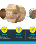 1 Inch Crimp MNPT Male Brass Plumbing Adapter For PEX And Copper shown in close-up with info on versatility and durability