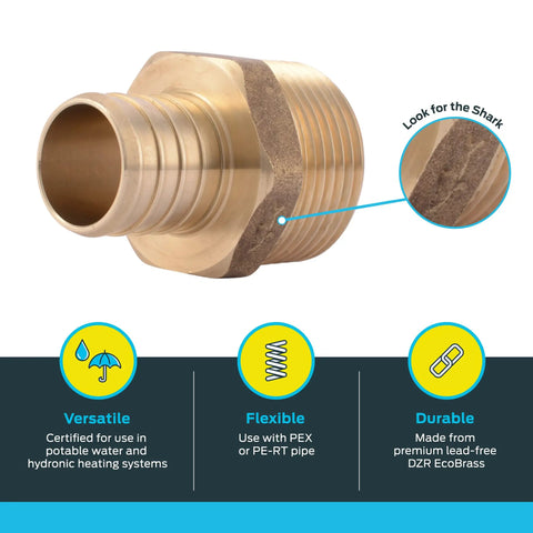 1 Inch Crimp MNPT Male Brass Plumbing Adapter For PEX And Copper shown in close-up with info on versatility and durability