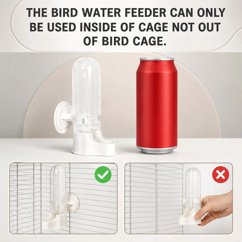 Hassle Free Automatic Bird Water Dispenser With Hanging Cage Mount For Parakeets Plus Small Flocks Featuring Leak Proof Self Refilling Trough And Zero Drama Leak Control In White Two Pack beside a soda can for size reference.