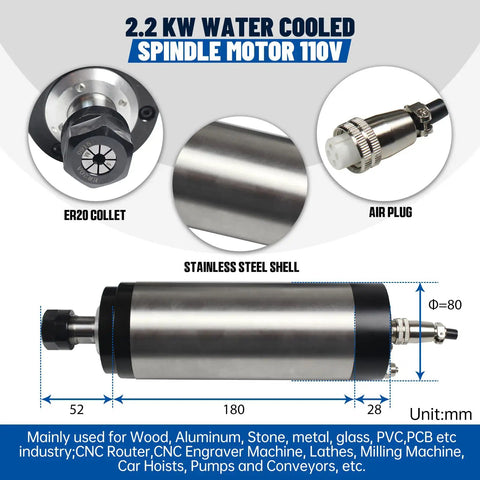 2.2KW Water Cooled Spindle Motor ER20 24000 RPM With 400Hz VFD Inverter 110V with ER20 collet and air plug components
