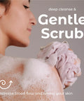 Woman using Set of 3 Soft Mesh Bath Shower Loofah Sponges Pouf Body Scrubbers For Gentle Exfoliation And Deep Cleanse With Spa Quality Feel