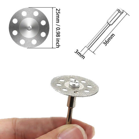 20 Piece HSS Rotary Tool Set With Wood Carving And Engraving Bits And Diamond Cutting Wheels One Eight Inch Shank Includes 10 Carving Bits And 10 Diamond Wheels Perfect For DIY Woodworking Glass And Tile Projects showing handheld diamond cutting wheel and shank dimensions