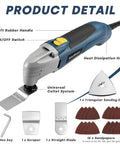 Heavy Duty Corded Oscillating Multi Tool With Universal Fit Base And 200W 1.6A Motor showing rubber handle, ON/OFF switch, and accessories.